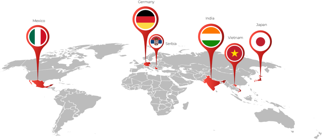 A world map with red location markers indicating several countries: Italy, Germany, an unidentifiable country possibly Serbia or Slovakia, India, Vietnam, and Japan.