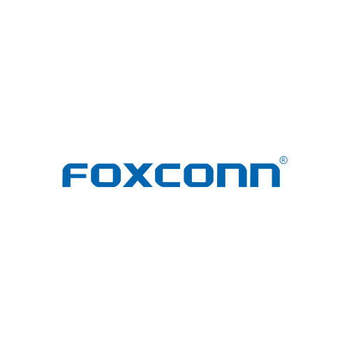 Foxconn logo in blue. The word "FOXCONN" is stylized with angled letters.