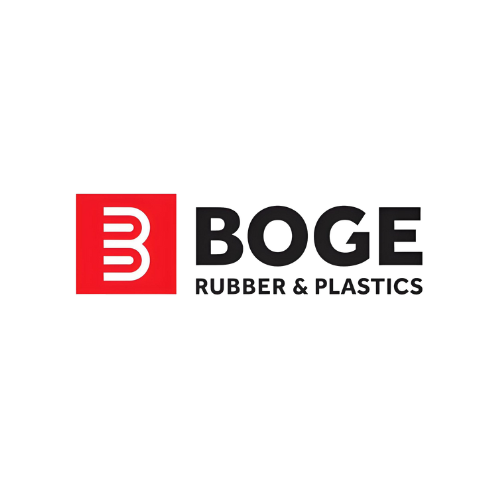 Borge Rubber & Plastics logo. A red square containing a stylized white "B," followed by the name "BOGE" in black and "RUBBER & PLASTICS" in smaller black text.