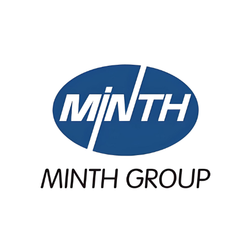 MINTH Group logo. The word "MINTH" in blue with a diagonal slash through it, inside a blue oval. Below, the text "MINTH GROUP" in black.