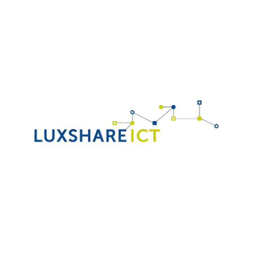 Luxshare-ICT logo. The name "LUXSHAREICT" in blue, with a connected line of yellow and blue squares and circles above it.