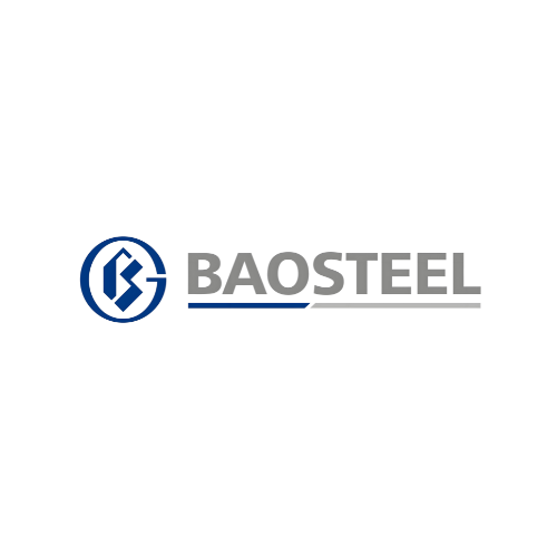 Baosteel logo. A blue and white circular logo with a stylized “B” and “G” inside, beside the name "BAOSTEEL" in blue and gray.