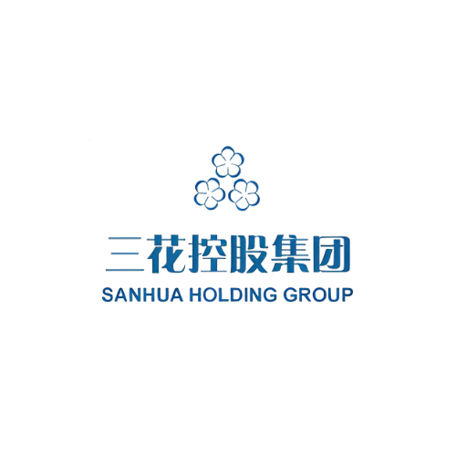 Sanhua Holding Group Logo. A stylized blue trefoil design above the words "三花控股集团" (Sanhua Holding Group in Chinese) and "SANHUA HOLDING GROUP" in English.