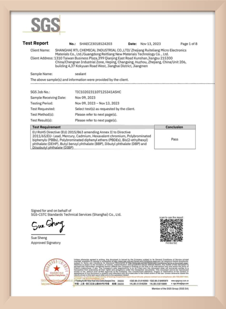 SGS Test Report for sealant. The report is dated November 13, 2023, and shows a "Pass" conclusion for the EU RoHS Directive testing.