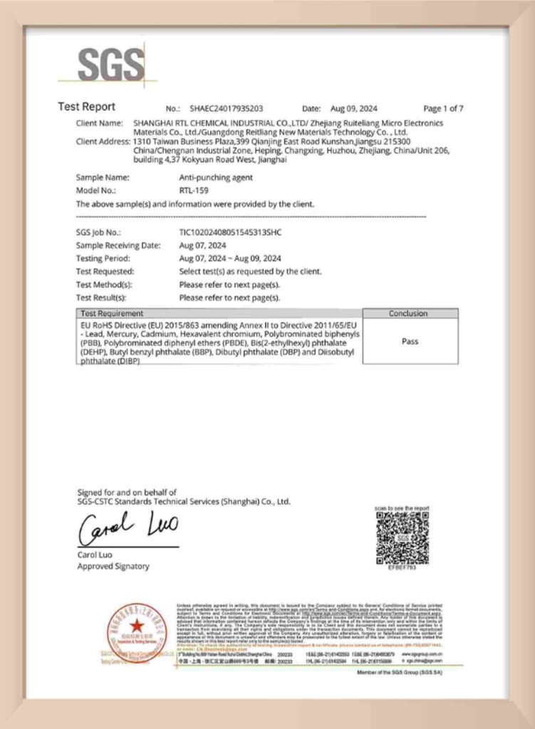SGS Test Report for RTL-159 Anti-Punching Agent. The report is dated August 9, 2024, and shows a "Pass" conclusion for the EU RoHS Directive testing.