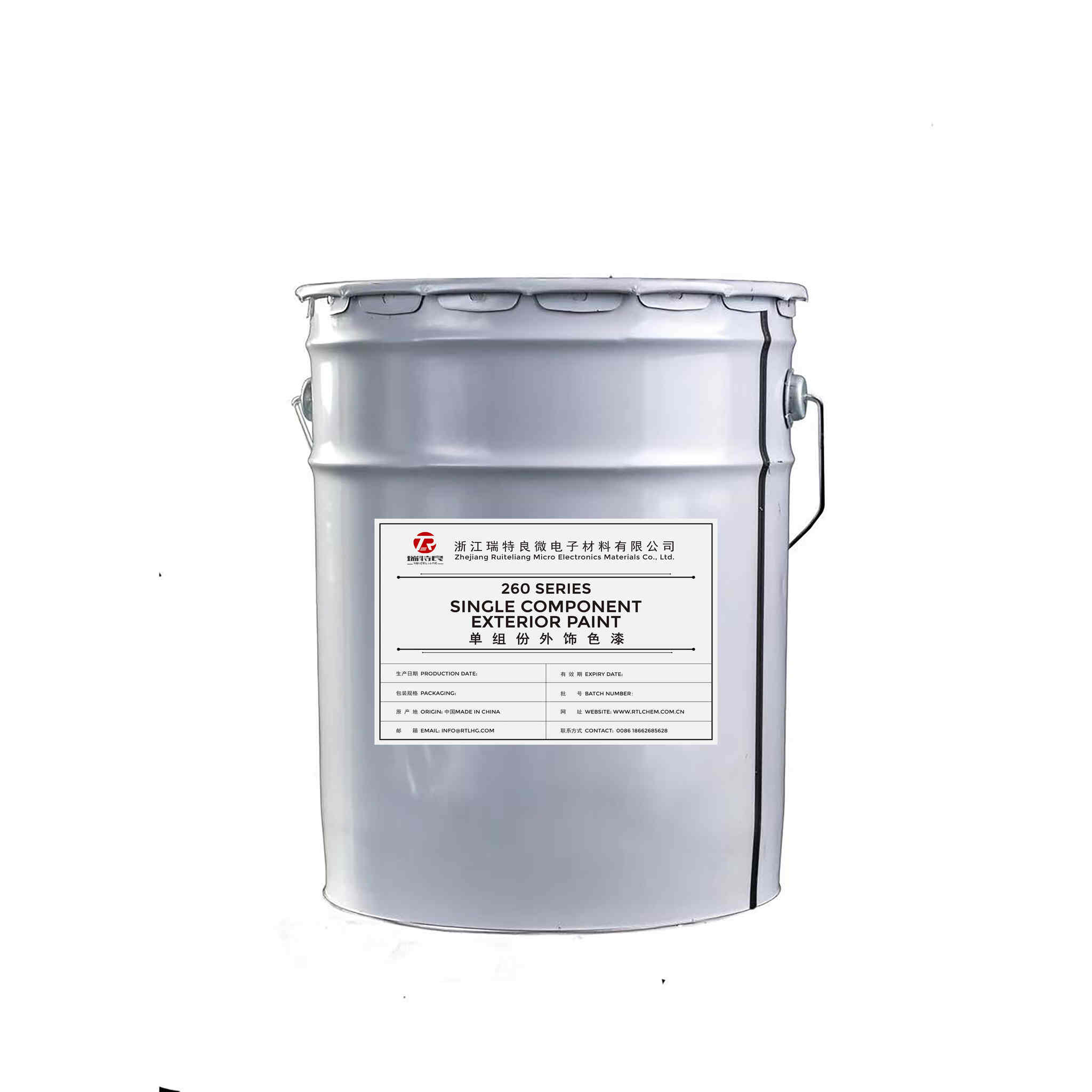 A large, gray metal pail of S260 Series Single Component Exterior Paint.