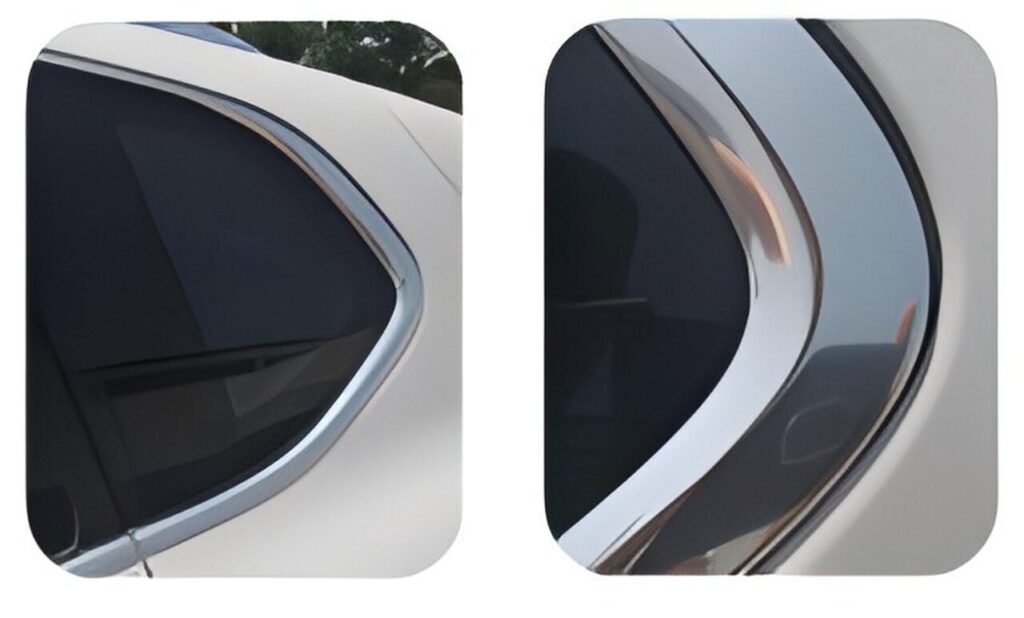 Two close-up photos of chrome trim around the rear window of a white car. The trim adds a stylish accent to the vehicle's exterior.