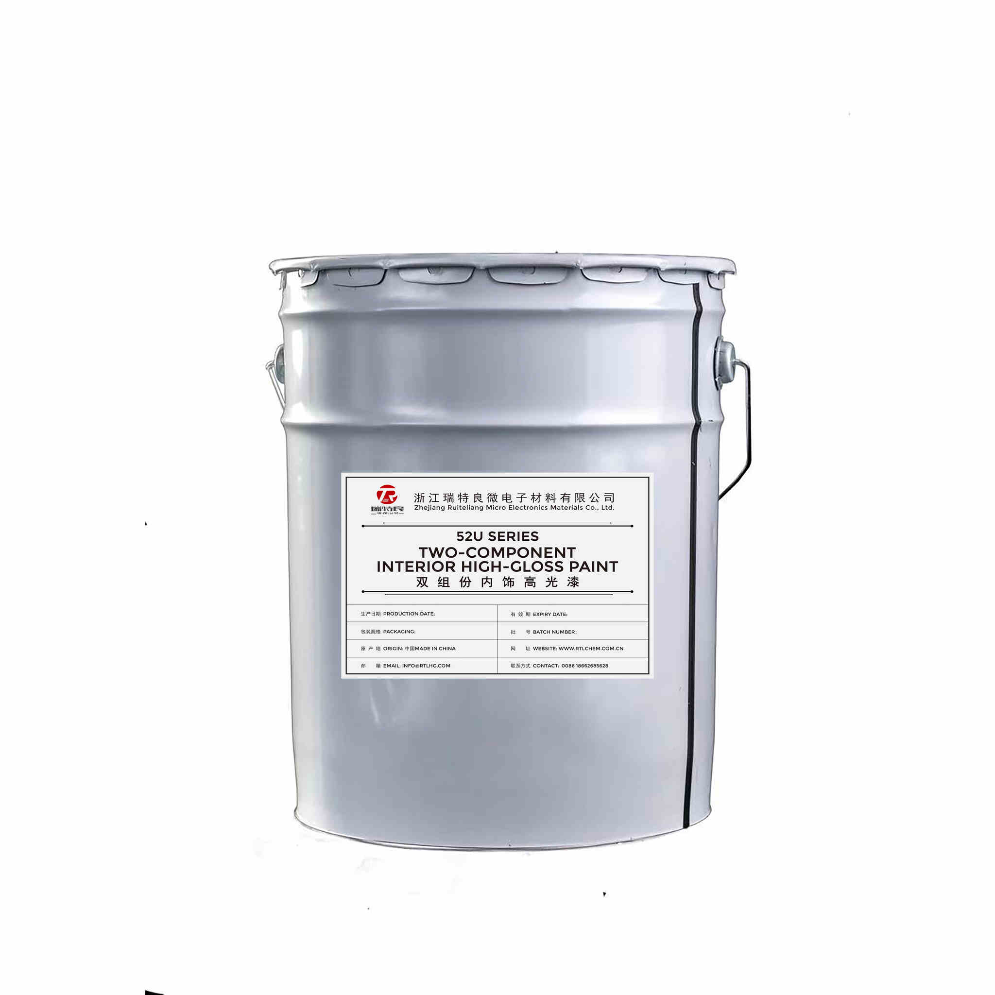 A large, gray metal pail of S211 Series Two-Component Interior High-Gloss Paint.