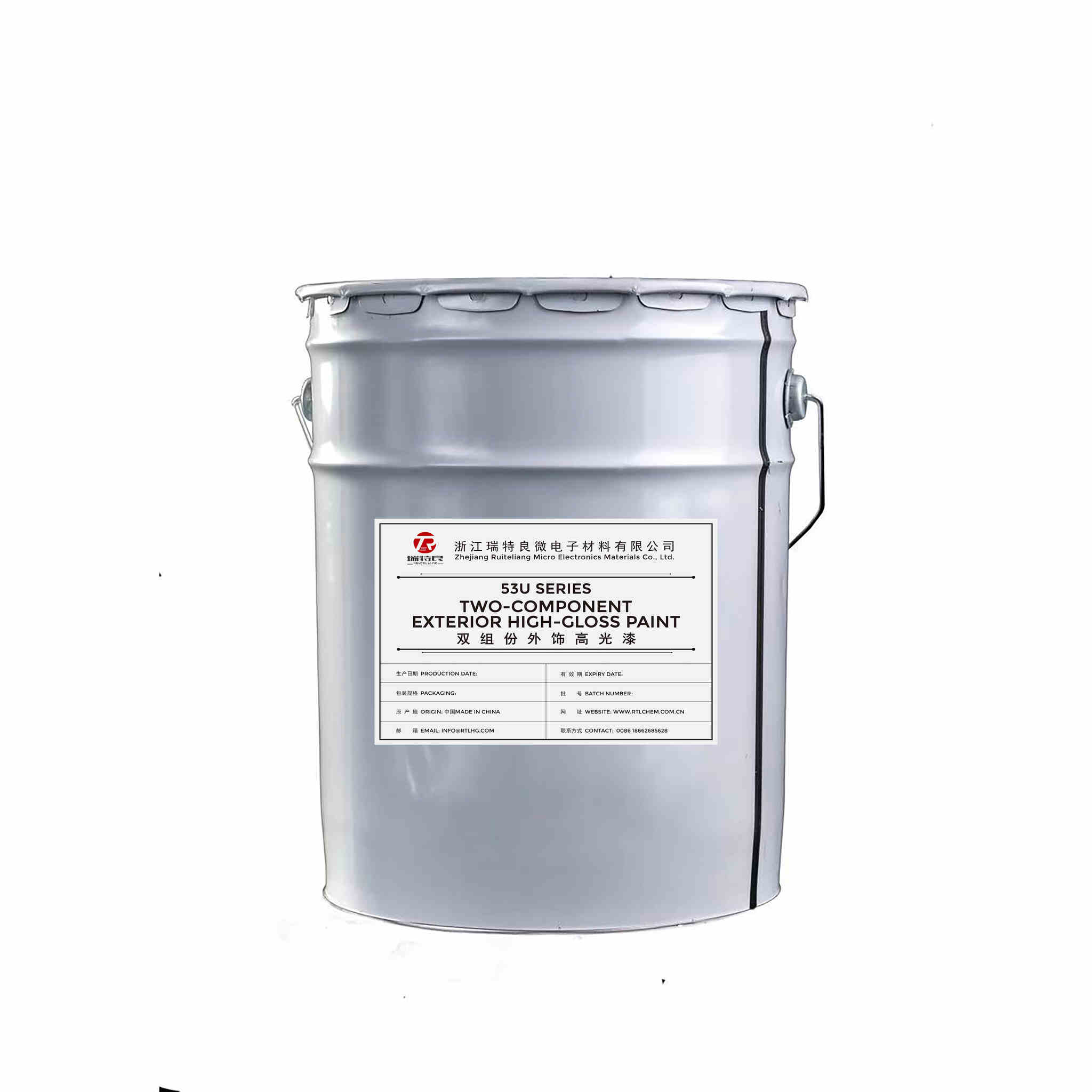 A large, gray metal pail of S311 Series Two-Component Exterior High-Gloss Paint.