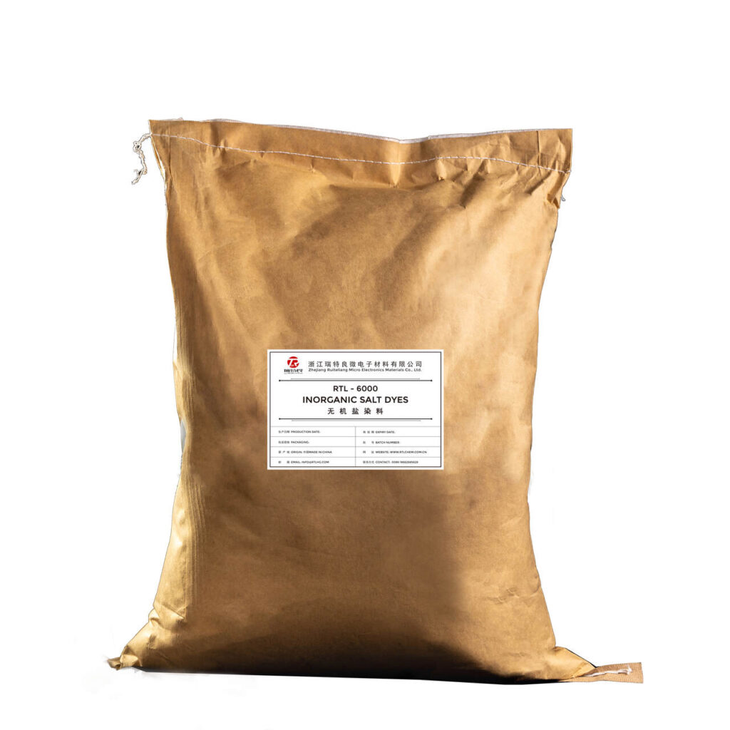A brown paper bag of RTL-6000 Inorganic Salt Dyes, tied with string.