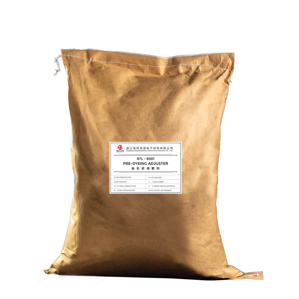 A brown paper bag of RTL-6001 Pre-Dyeing Adjuster, tied with string.