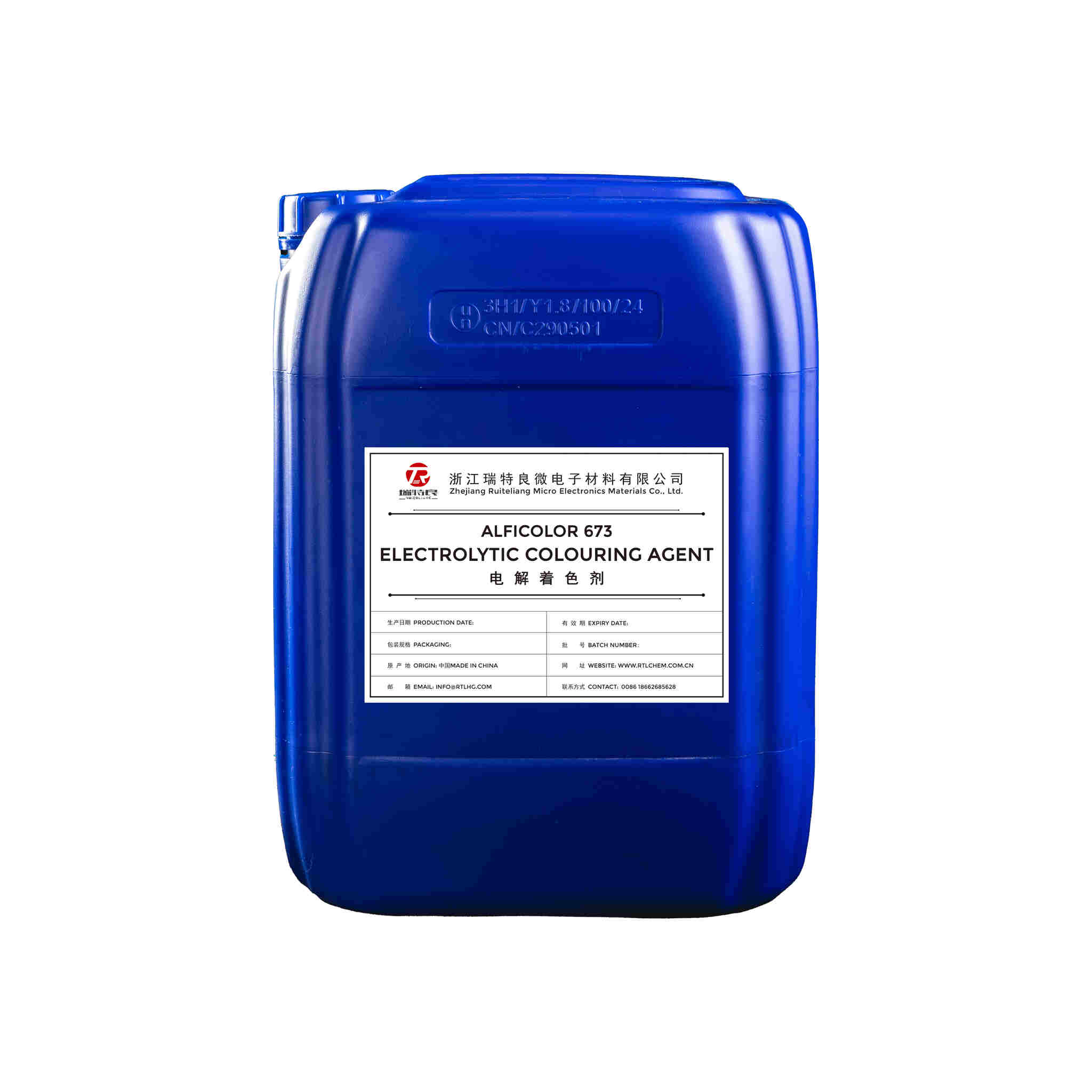 A blue plastic container of ALFICOLOR 673 Electrolytic Colouring Agent.