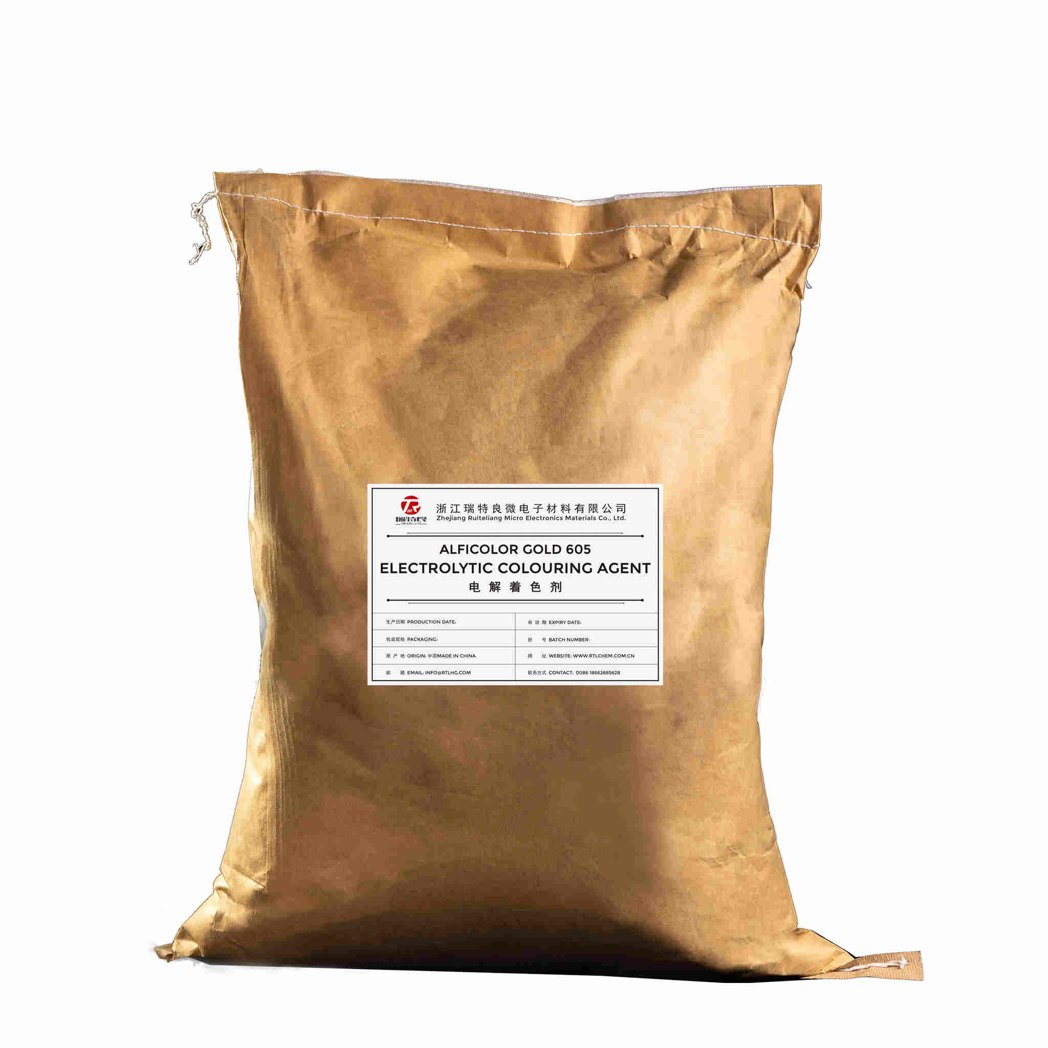 A brown paper bag of ALDICOLOR GOLD 605 Electrolytic Colouring Agent, tied with string.