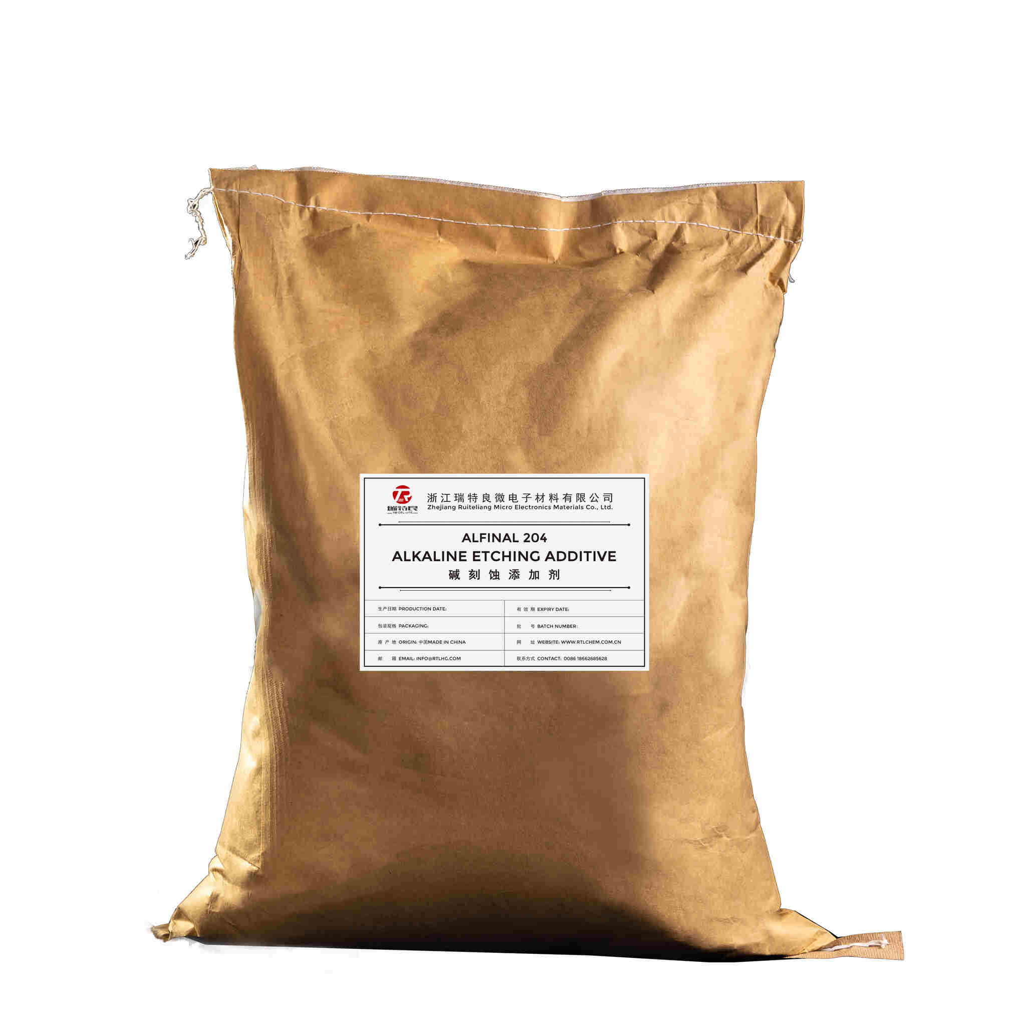 A brown paper bag of ALNANL 204 Alkaline Etching Additive, tied with string.