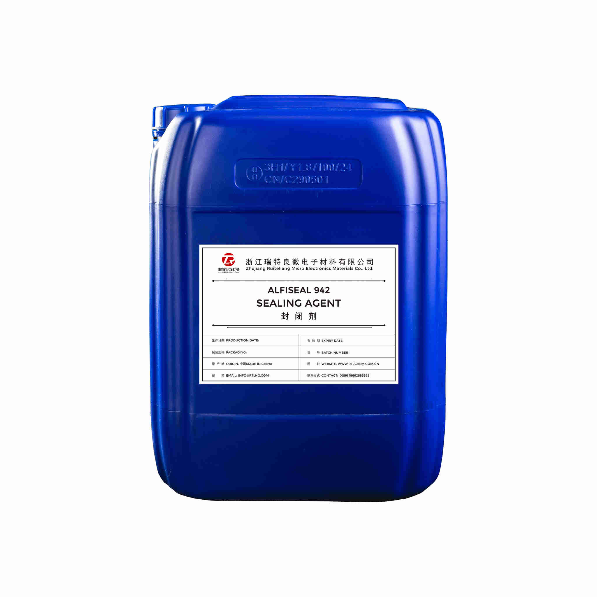 A blue plastic container of ALFISEAL 942 Sealing Agent.