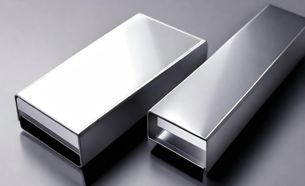 Two rectangular pieces of polished, reflective metal of different sizes, with rectangular cutouts on their ends.