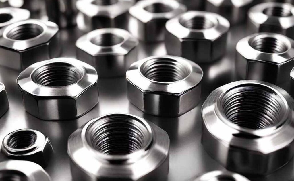 Close-up view of numerous shiny metal hex nuts arranged on a gray surface. The focus is on the threads within the nuts.