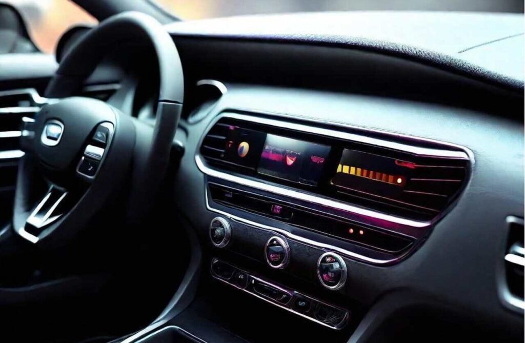 Close-up view of a car's dashboard, featuring a digital display screen, climate control knobs, and air vents. The dashboard is dark-colored and has a sleek, modern design.