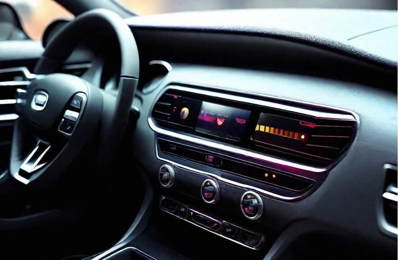 Close-up view of a car's dashboard, featuring a digital display screen, climate control knobs, and air vents. The dashboard is dark-colored and has a sleek, modern design.