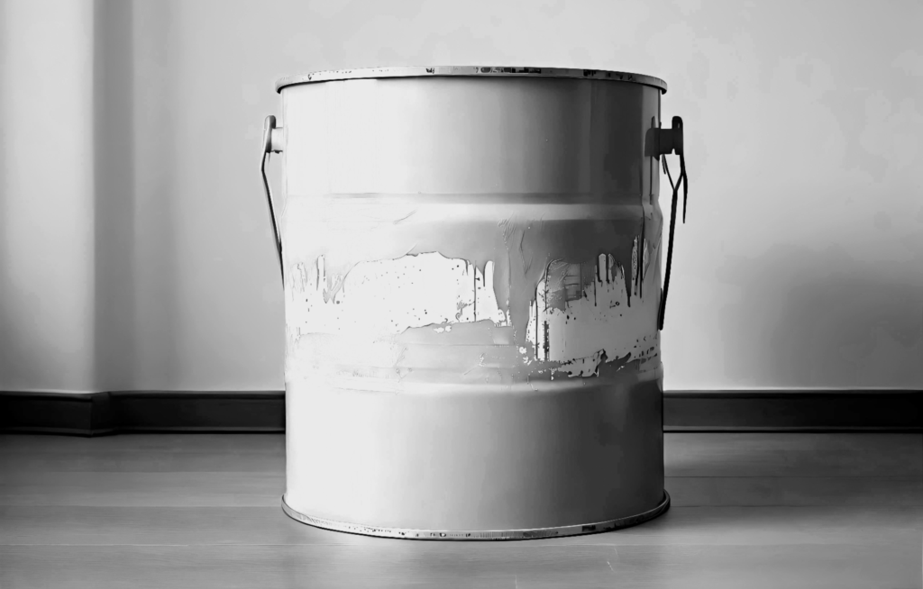 A black and white image of a large metal paint can sitting on a wooden floor. Dried drips of white paint run down the side of the can.