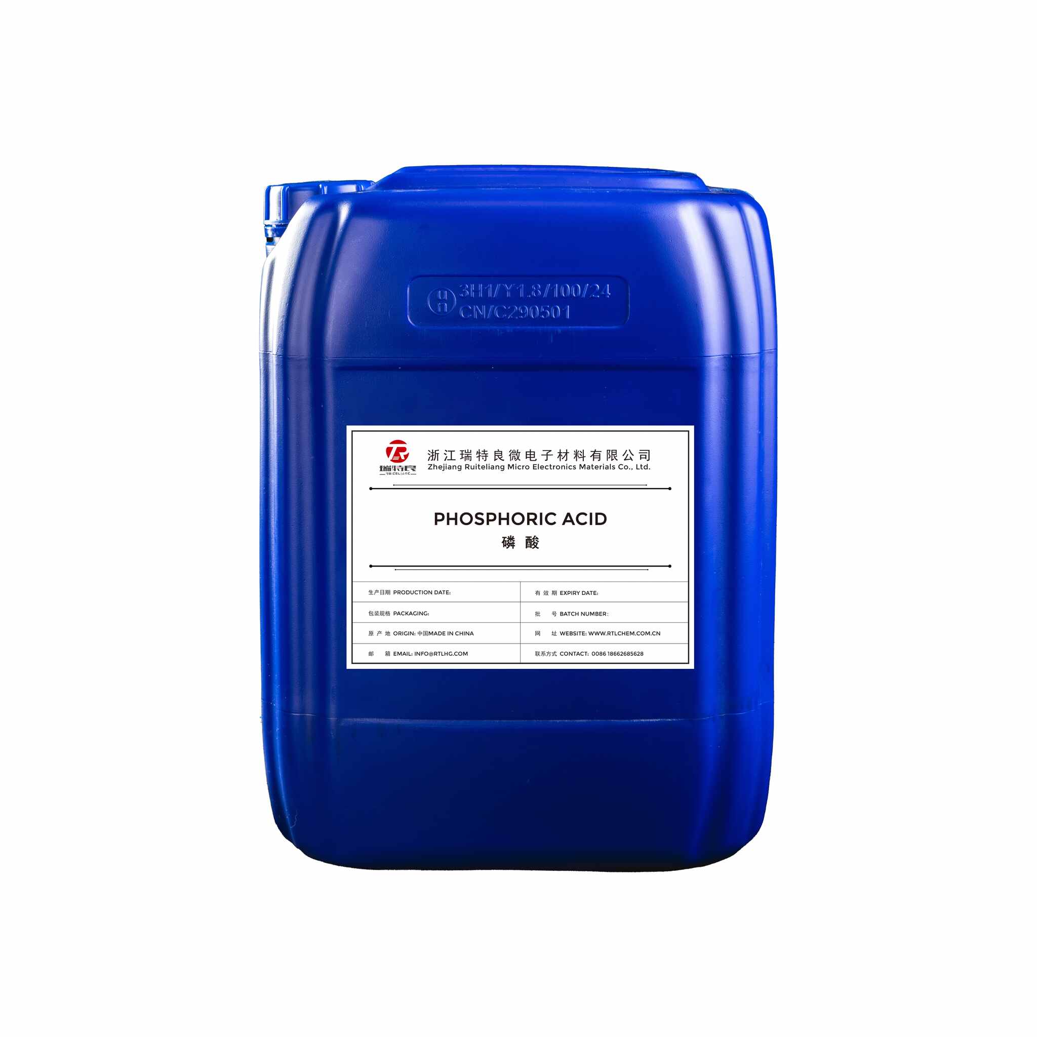 A blue plastic container of phosphoric acid.
