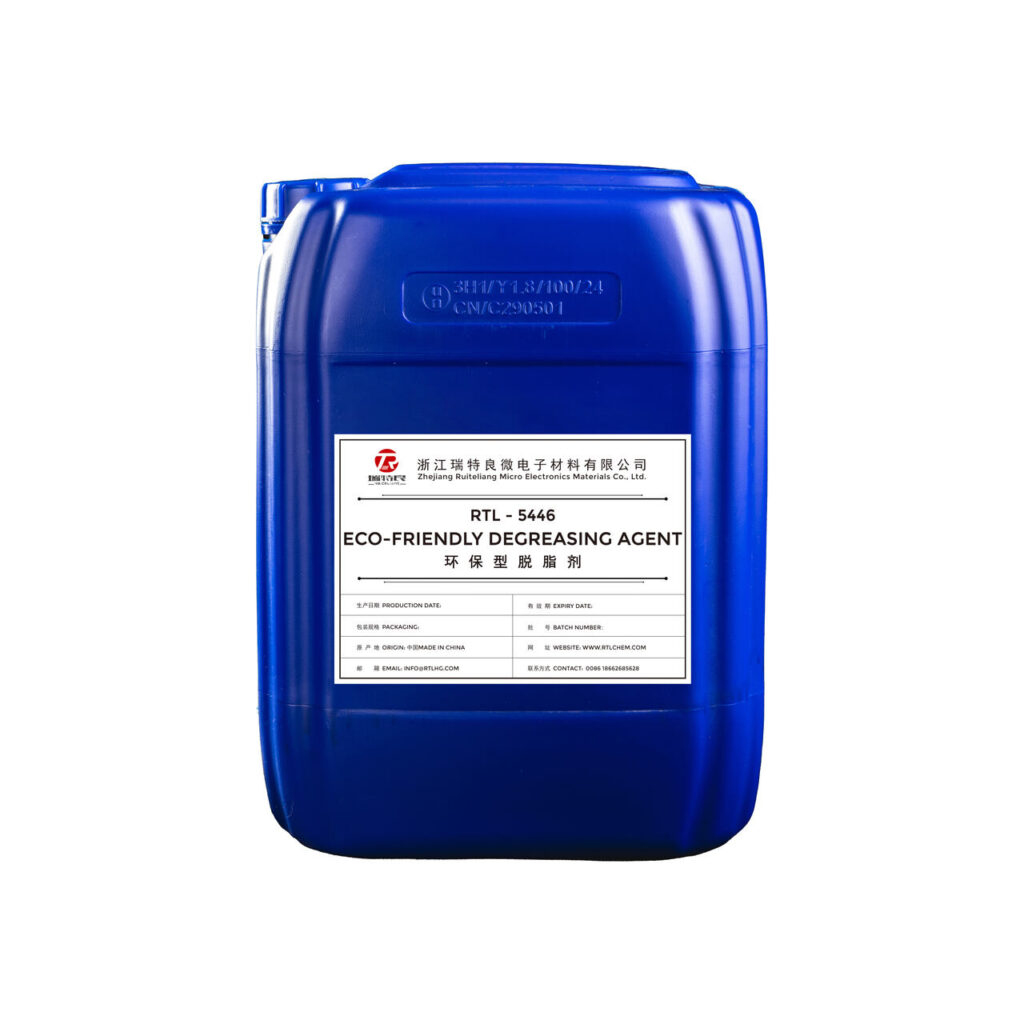A blue plastic container of RTL-5446 Eco-Friendly Degreasing Agent.