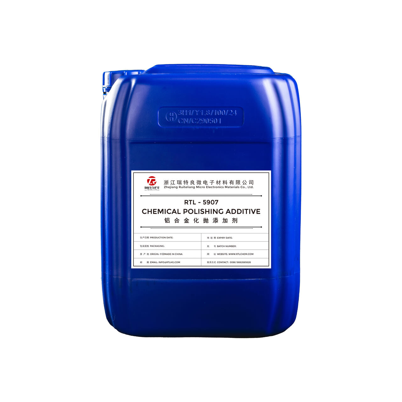 A blue plastic container of RTL-5907 Chemical Polishing Additive.