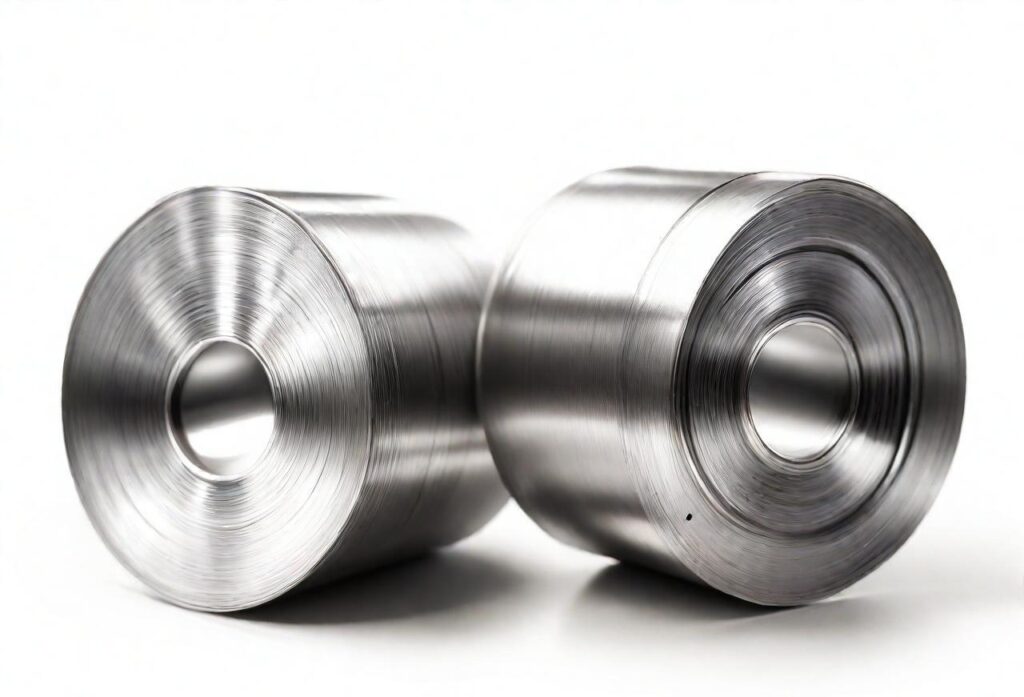 Two rolls of shiny, metallic coiled steel on a white background. The rolls are positioned side by side, and the tightly wound metal is visible from the ends.