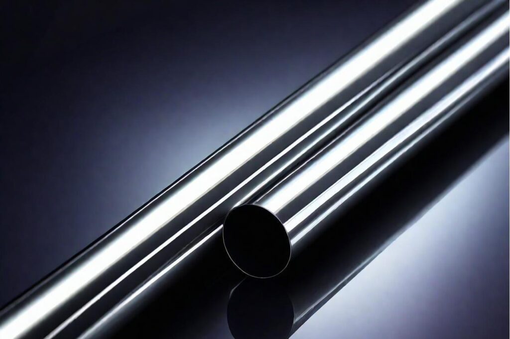 Two highly polished metal tubes or pipes are placed on a reflective dark blue/purple surface. One tube is positioned in front of and perpendicular to the other, showcasing their cylindrical shape and reflective qualities.