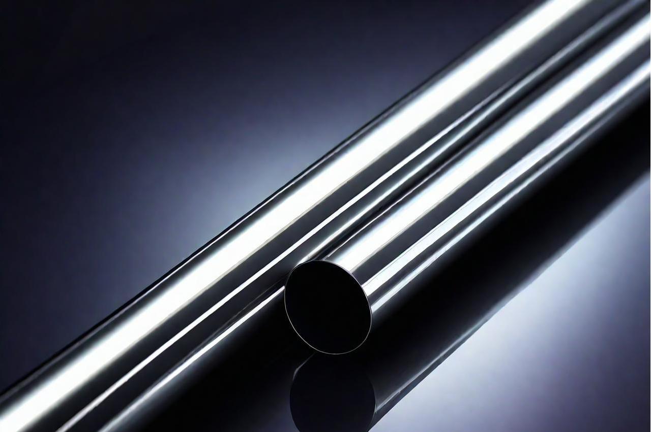 Two highly polished metal tubes or pipes are placed on a reflective dark blue/purple surface. One tube is positioned in front of and perpendicular to the other, showcasing their cylindrical shape and reflective qualities.