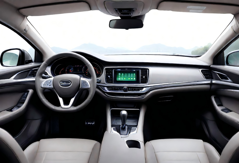 The interior of a car, featuring a gray dashboard, beige leather seats, and a steering wheel. A navigation screen is visible in the center console.