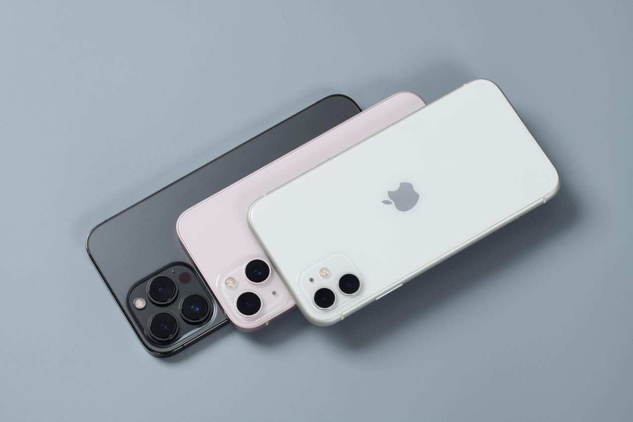Three iPhone models are displayed on a gray background. The phones are shown from the back, highlighting their triple-lens camera systems. The colors are graphite, rose gold, and silver.